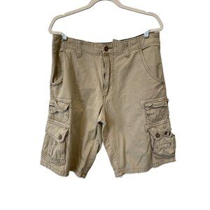 Y2K Plugg Cargo Shorts Size 33 Mid Rise Tan Cotton Pockets Hiking Utility Summer